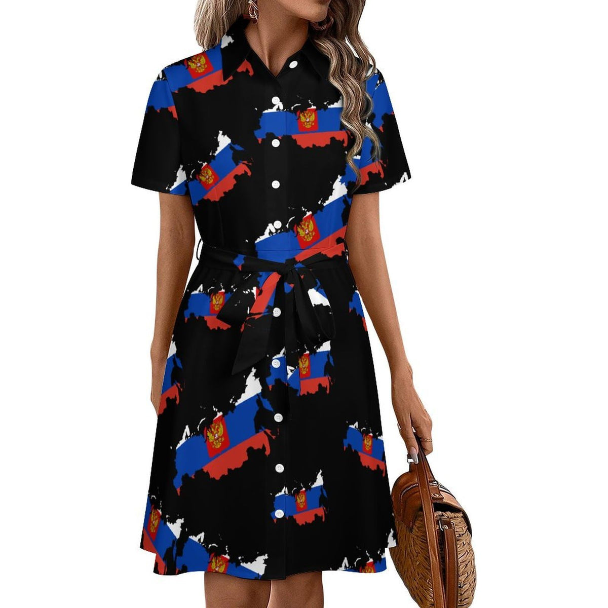 chemise décontractée à boutons pour femme avec motif drapeau russe, manches courtes et col, ceinture