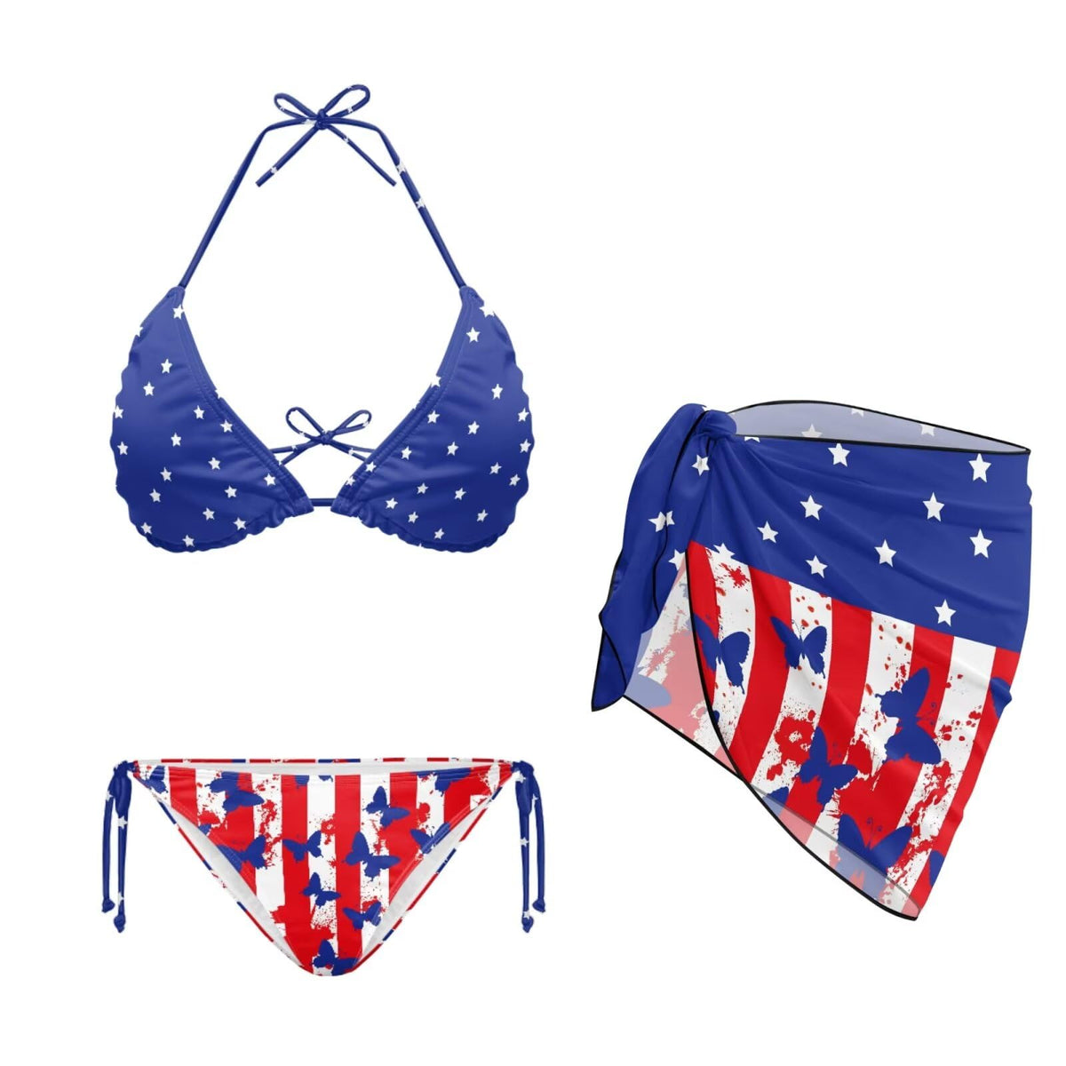 Maillot de bain 3 pièces pour femme, haut de bikini triangle dos nu à imprimé floral gothique, bas à nouer sur les côtés et jupe courte transparente.