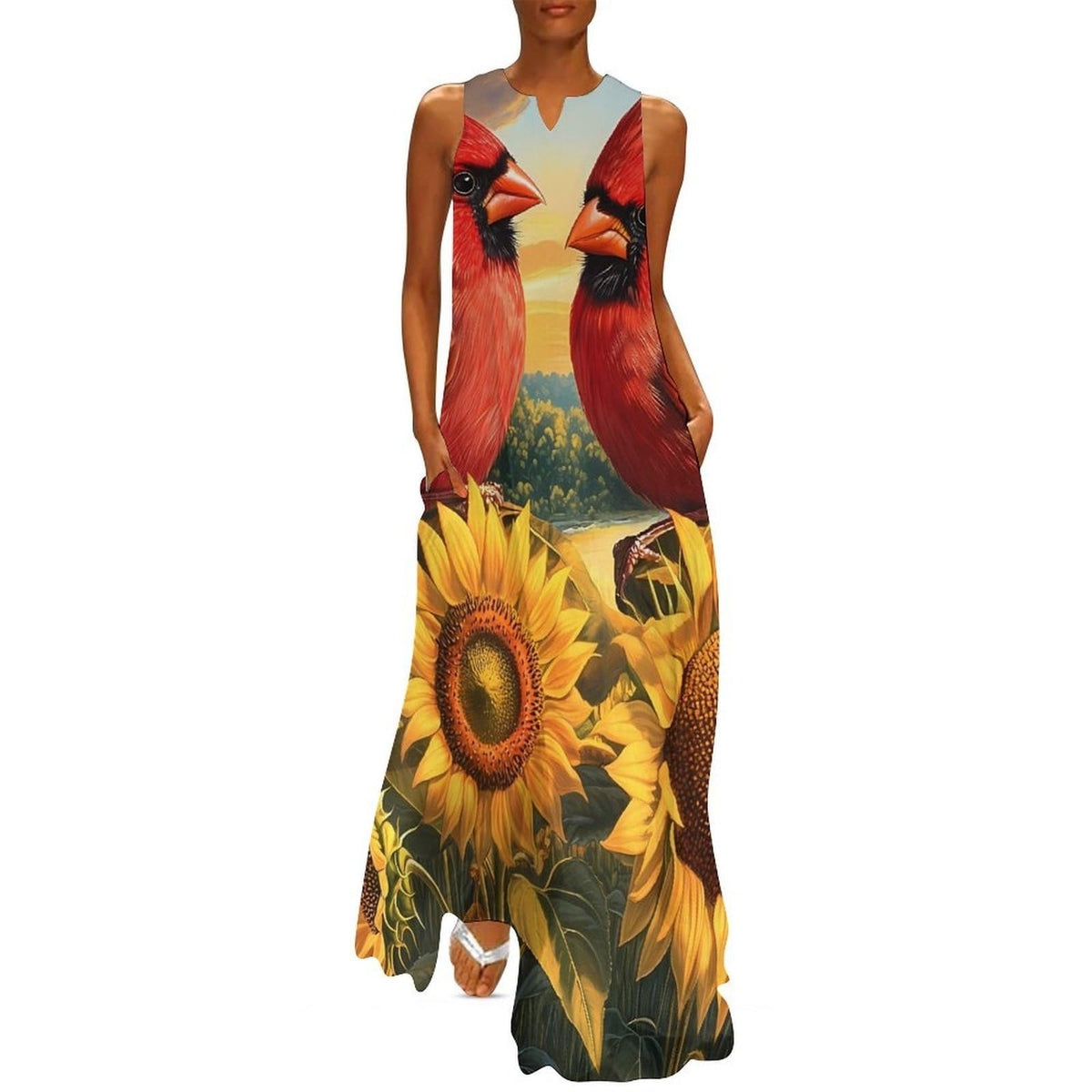 longue maxi femme Cardinal, motif tournesol, sans manches, style décontracté, idéale pour l'été et la plage.